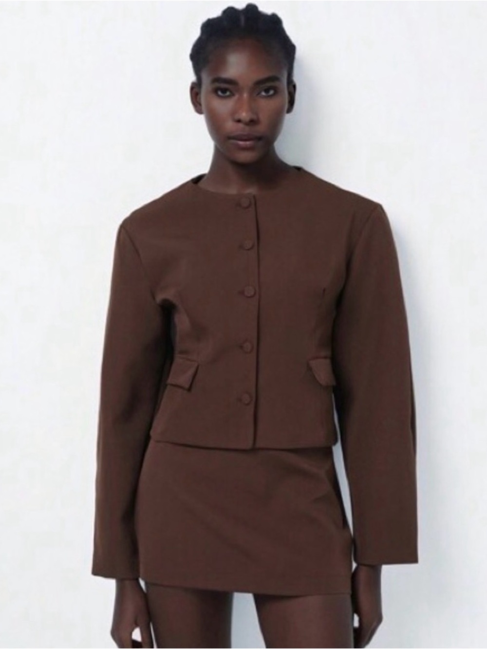 Zara Brown Button-Front Cropped Blazer